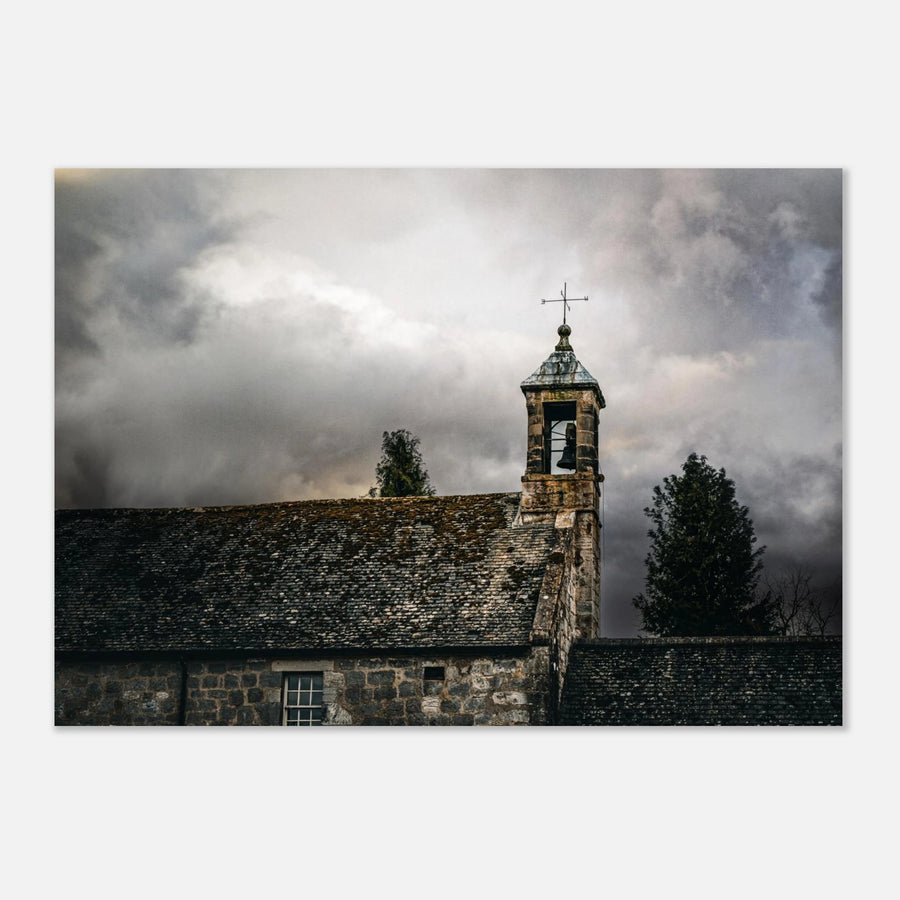 Torphichen parish church tower stormy sky wall art with kirk and medieval tower under dark clouds