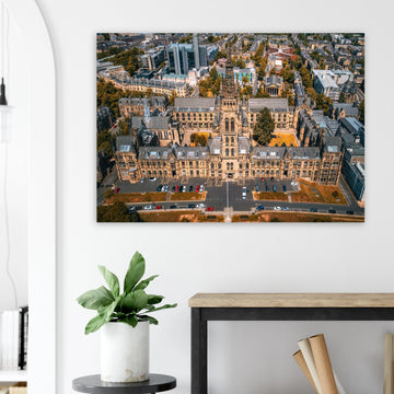 Glasgow University aerial wall art showing tower and Kelvingrove Park