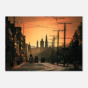 Edinburgh Princes Street sunrise wall art with Balmoral clock tower and Calton Hill under moody sky