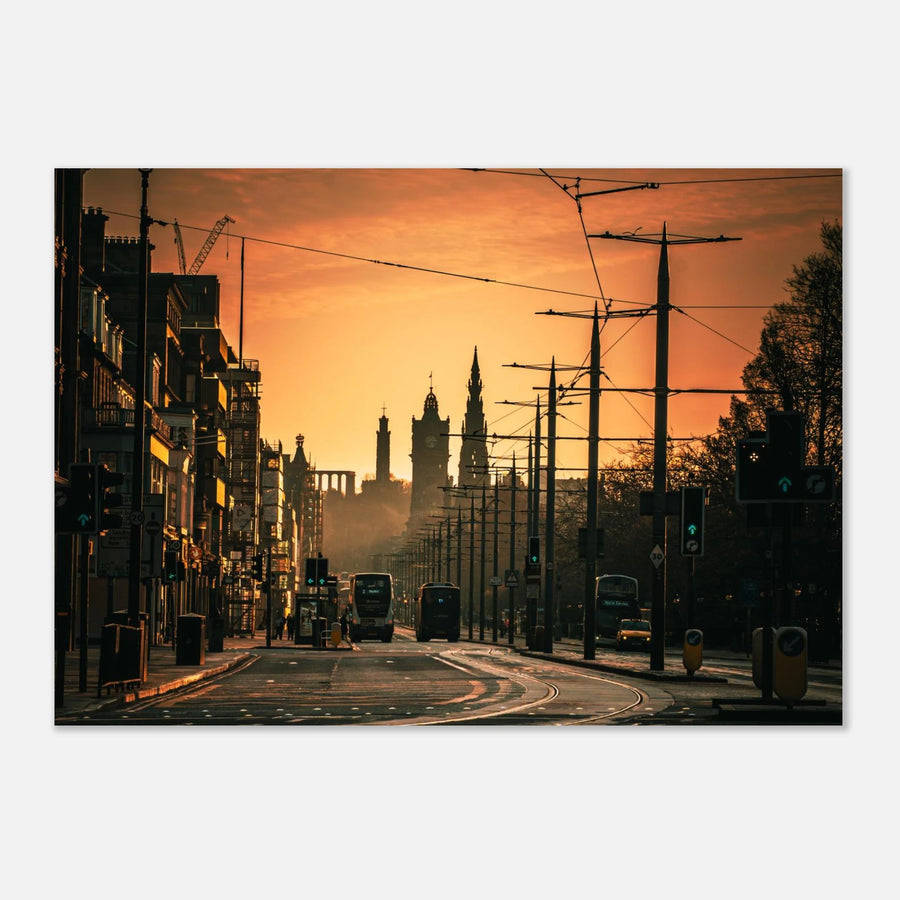 Edinburgh Princes Street sunrise wall art with Balmoral clock tower and Calton Hill under moody sky
