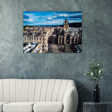 St Giles Cathedral Royal Mile wall art with aerial view of Edinburgh Old Town