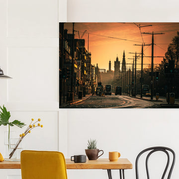 Edinburgh Princes Street sunrise wall art with Balmoral clock tower and Calton Hill under moody sky