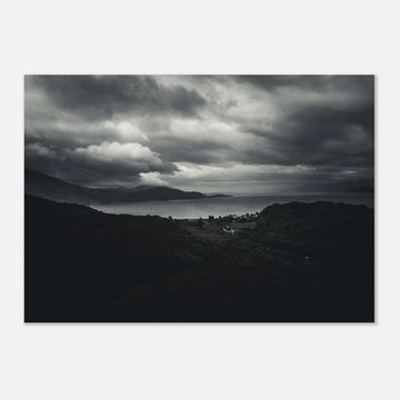 Loch Linnhe Scottish Highlands wall art showing a dark moody view over the sea loch with distant hills and heavy storm clouds above the Scottish coastline