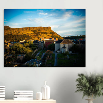 Arthur’s Seat sunset wall art with hill silhouette and glowing sky over Edinburgh cityscape
