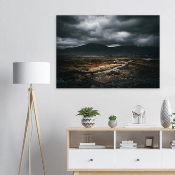 West Highland Way wall art featuring a moody Scottish Highlands landscape with dramatic storm clouds and winding river.