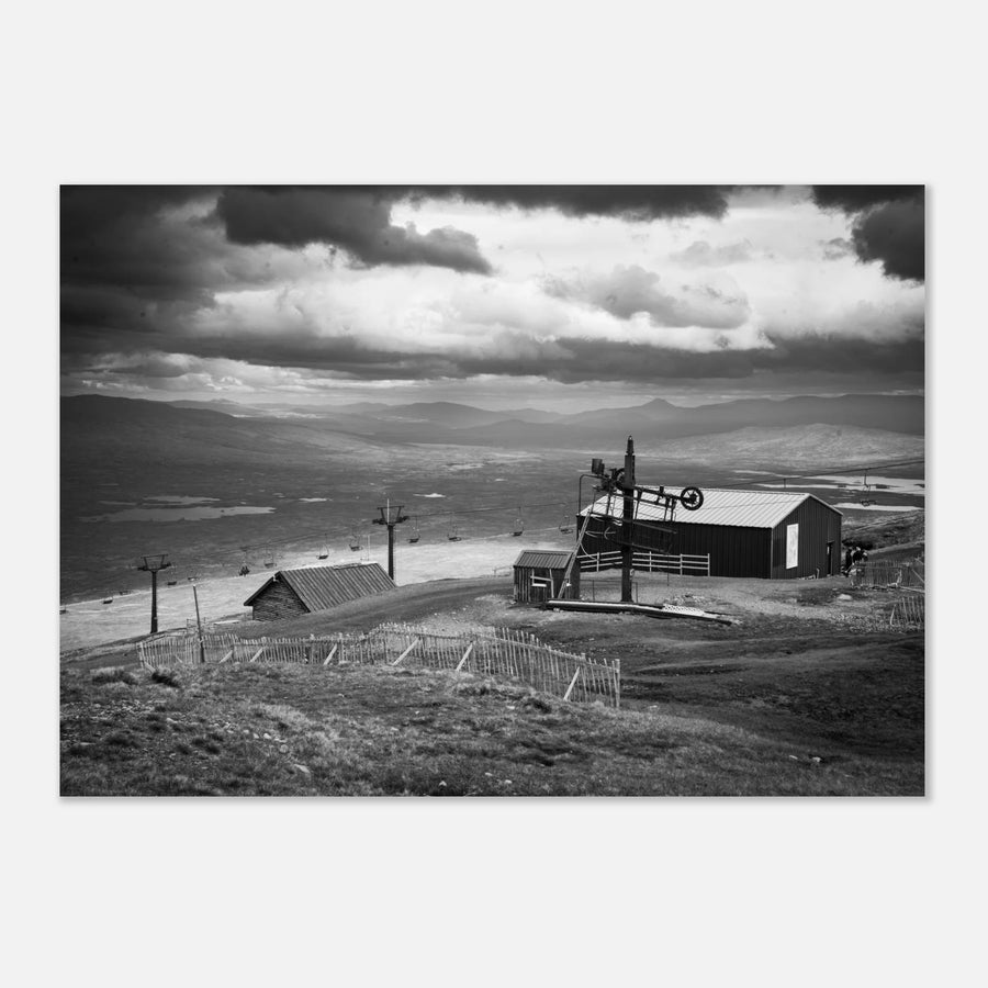 Glencoe Mountain View Wall Art featuring a black and white panorama of ski lifts and huts in the Highlands.