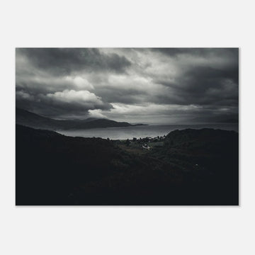 Loch Linnhe Scottish Highlands wall art showing a dark moody view over the sea loch with distant hills and heavy storm clouds above the Scottish coastline