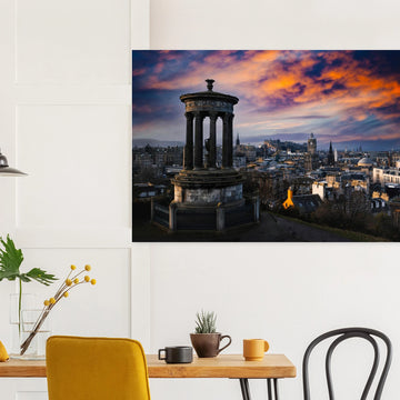 Edinburgh Calton Hill sunset wall art with Dugald Stewart Monument and moody sky over city skyline