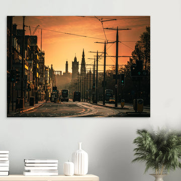Edinburgh Princes Street sunrise wall art with Balmoral clock tower and Calton Hill under moody sky