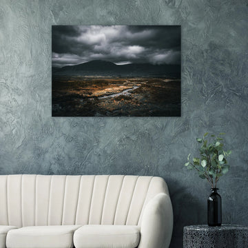 West Highland Way wall art featuring a moody Scottish Highlands landscape with dramatic storm clouds and winding river.