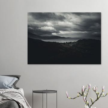Loch Linnhe Scottish Highlands wall art showing a dark moody view over the sea loch with distant hills and heavy storm clouds above the Scottish coastline