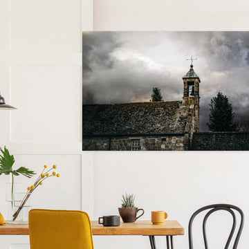 Torphichen parish church tower stormy sky wall art with kirk and medieval tower under dark clouds