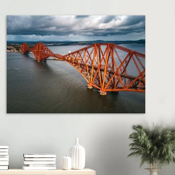 Forth railway bridge aerial wall art with red cantilever spans over the Firth of Forth