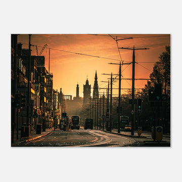 Edinburgh Princes Street sunrise wall art with Balmoral clock tower and Calton Hill under moody sky