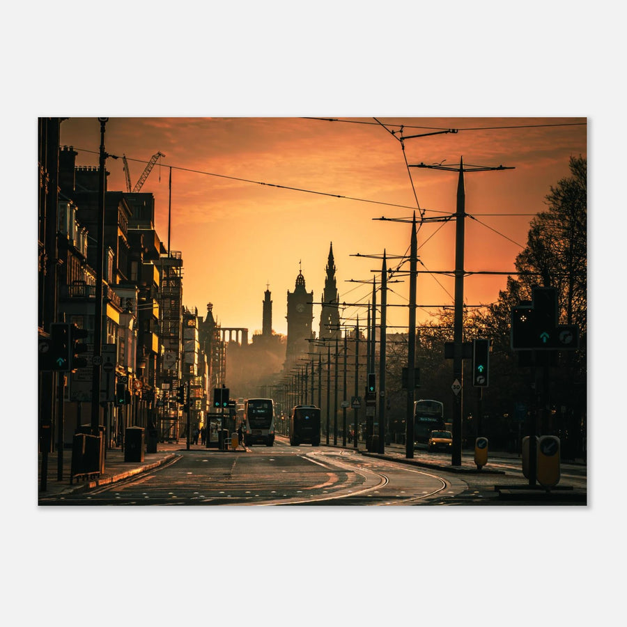 Edinburgh Princes Street sunrise wall art with Balmoral clock tower and Calton Hill under moody sky