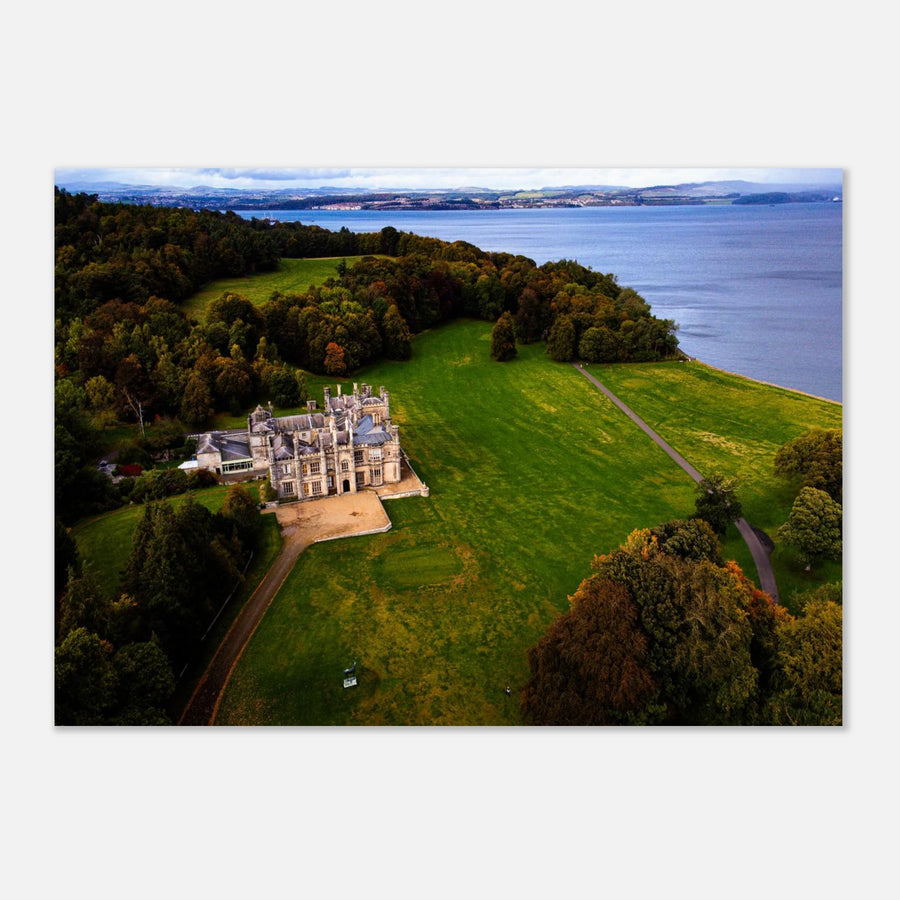 Dalmeny House aerial wall art showing Tudor Gothic mansion, lawns and surrounding woodland
