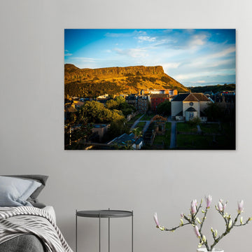 Arthur’s Seat sunset wall art with hill silhouette and glowing sky over Edinburgh cityscape