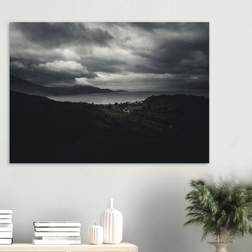 Loch Linnhe Scottish Highlands wall art showing a dark moody view over the sea loch with distant hills and heavy storm clouds above the Scottish coastline