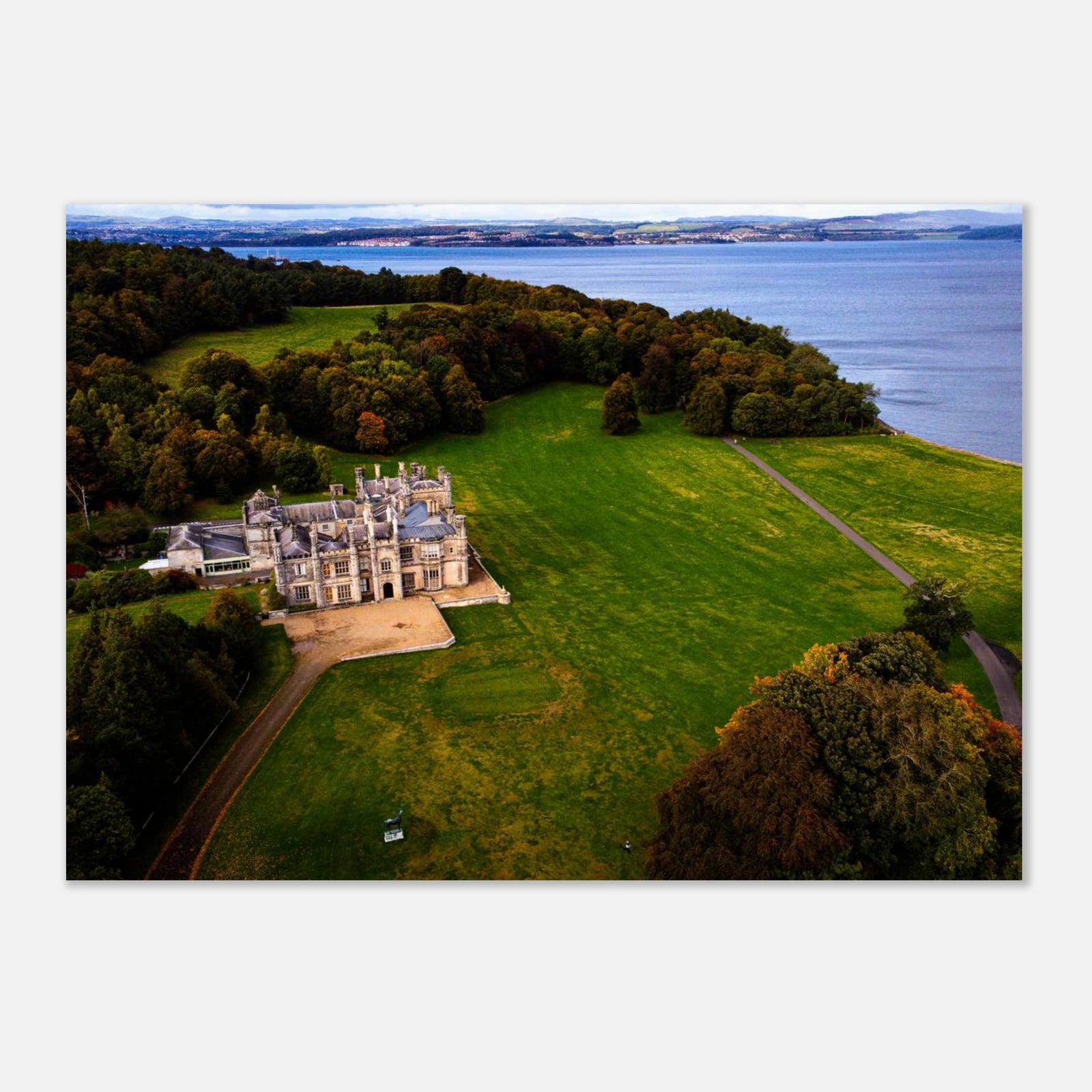Dalmeny House aerial wall art showing Tudor Gothic mansion, lawns and surrounding woodland