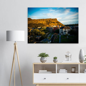 Arthur’s Seat sunset wall art with hill silhouette and glowing sky over Edinburgh cityscape