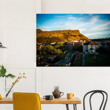 Arthur’s Seat sunset wall art with hill silhouette and glowing sky over Edinburgh cityscape