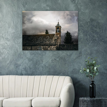 Torphichen parish church tower stormy sky wall art with kirk and medieval tower under dark clouds
