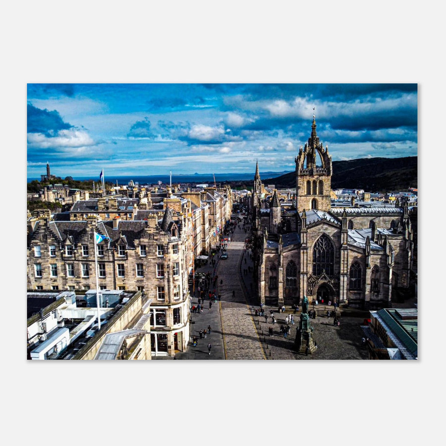 St Giles Cathedral Royal Mile wall art with aerial view of Edinburgh Old Town